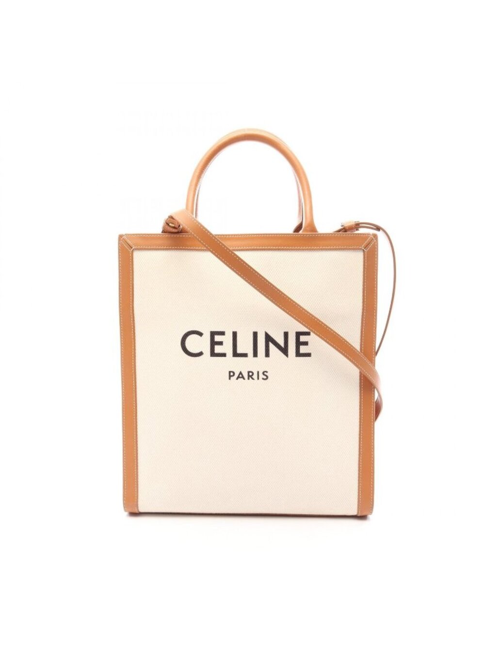 Celine Tote Bag Small Vertical Cabas 2-Way Ivory Brown Canvas Leather